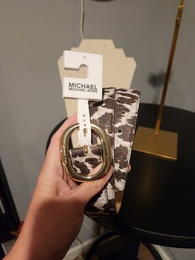 Michael Michael Kors Leopard Print Leather Belt with Gold Buckle - Brown/White